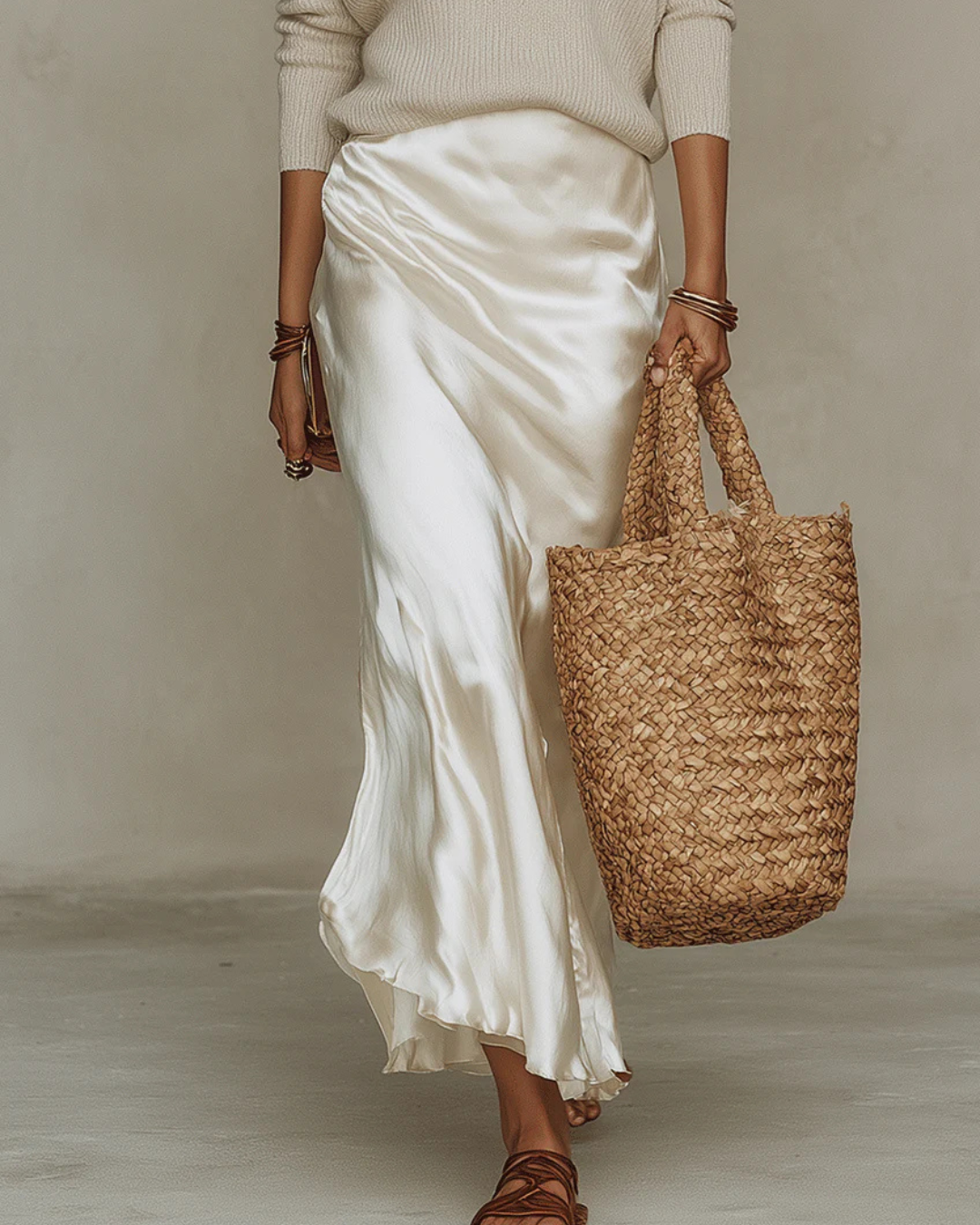 Spaghetti Strap Satin Slip Dress V-Neck Knit Sweater Set
