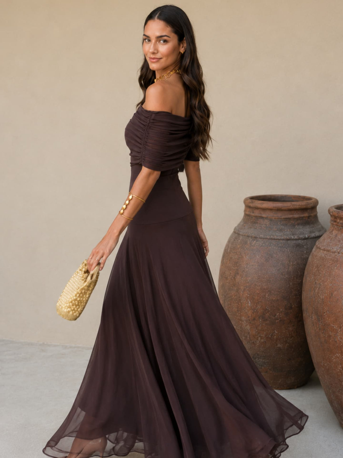 One-Shoulder Draped Ruched Flowy A-Line Maxi Gown 9