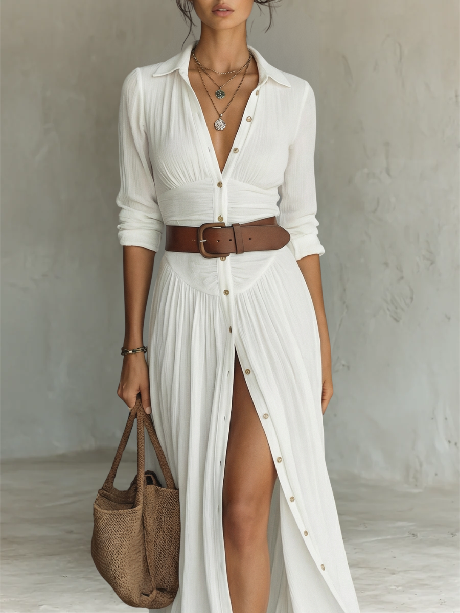 Collared Button Front Ruched Waist High Slit Maxi Shirt Dress 3
