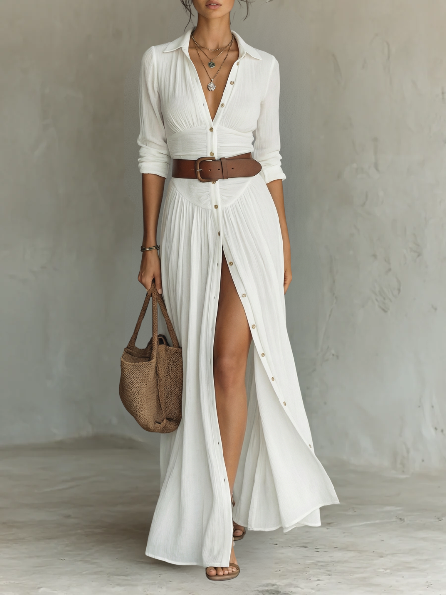 Collared Button Front Ruched Waist High Slit Shirt Maxi Dress