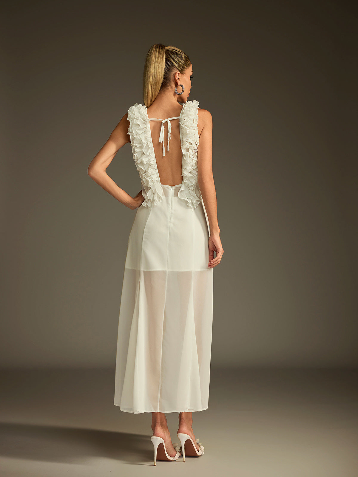 Plunge Neck Ruffle Mesh Midi Dress