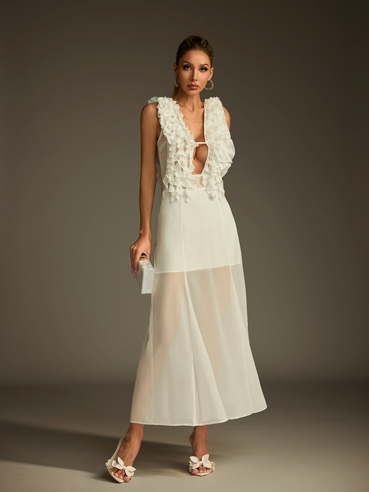 Plunge Neck Ruffle Mesh Midi Dress