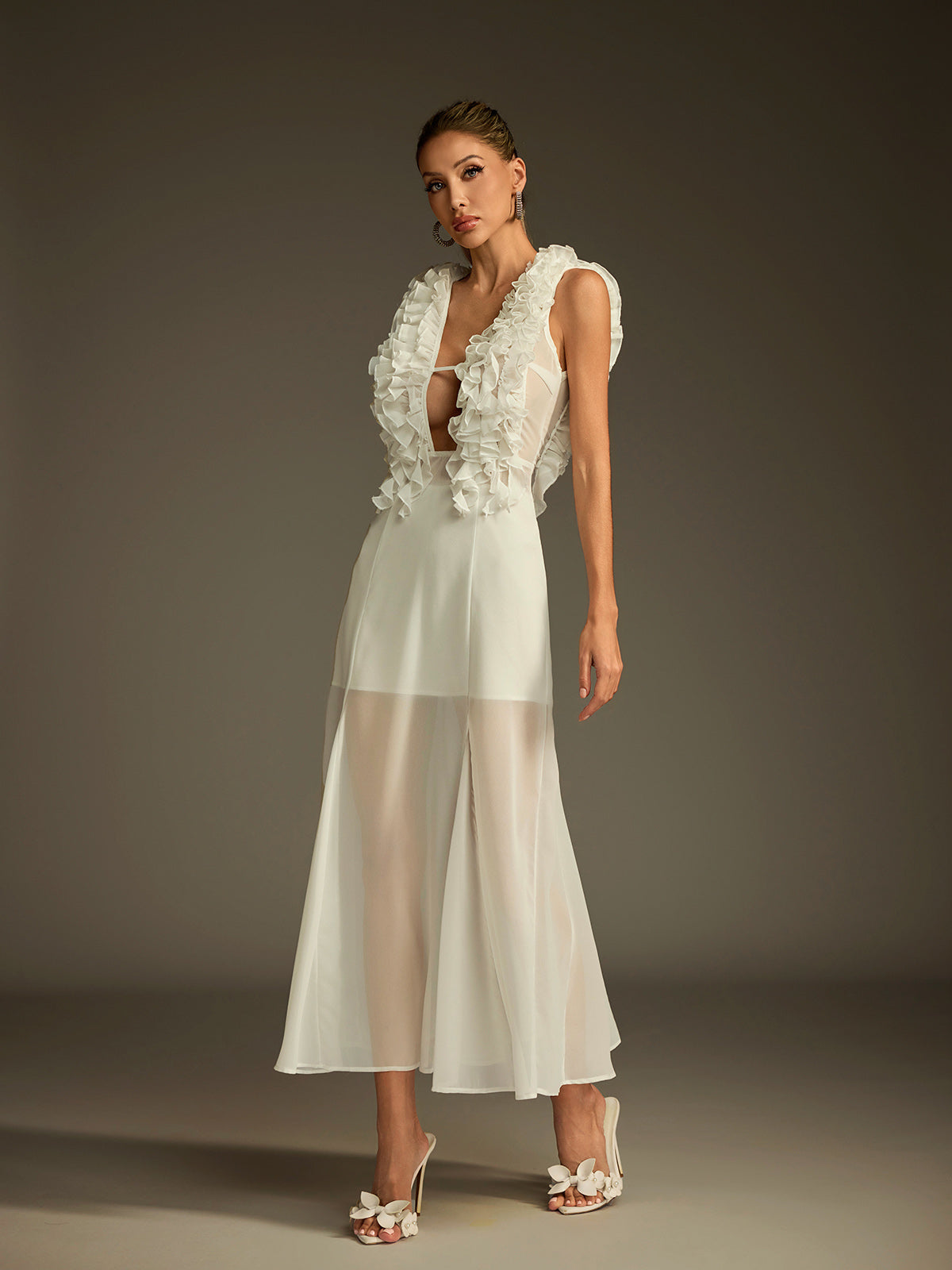 Plunge Neck Ruffle Mesh Midi Dress
