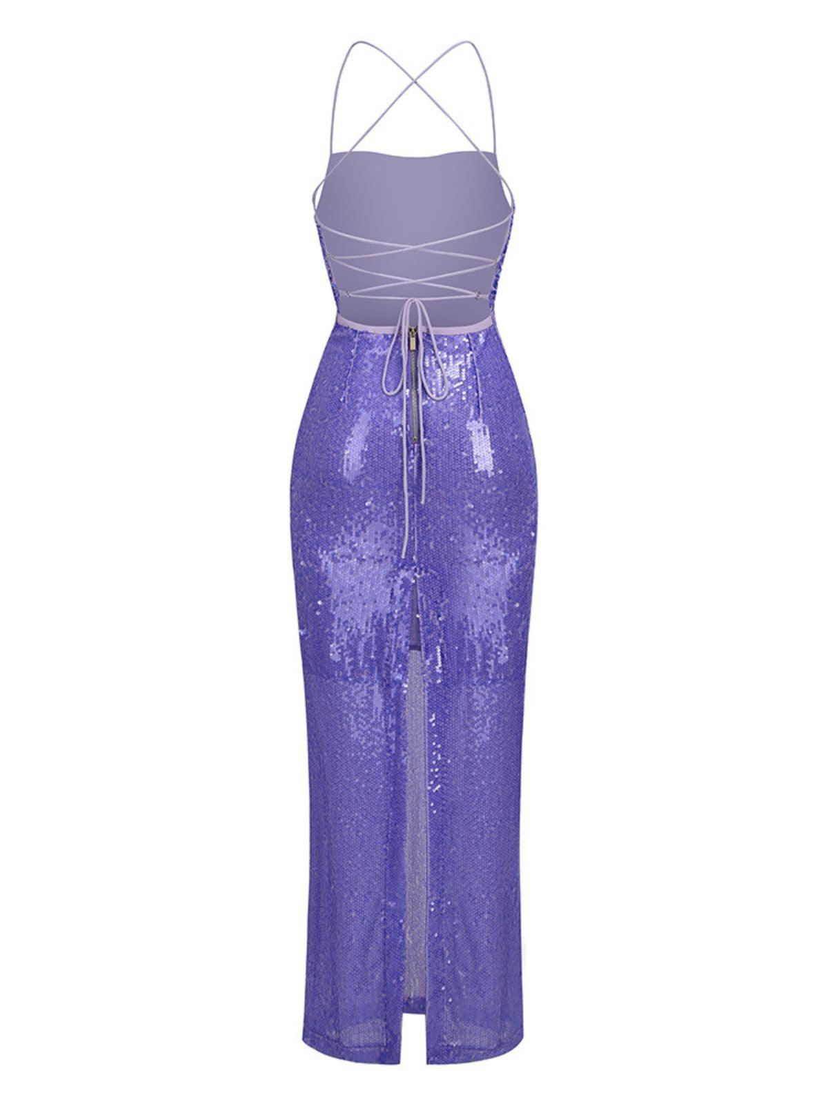 Spaghetti Strap Sequin Lace-Up Back Bodycon Maxi Dress 7