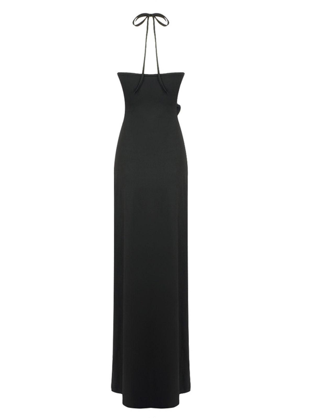 Halter Neck Rosette Applique Cutout Ruched Bodycon Maxi Dress
