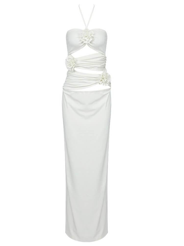 Halter Neck Rosette Applique Cutout Bodycon Midi Dress