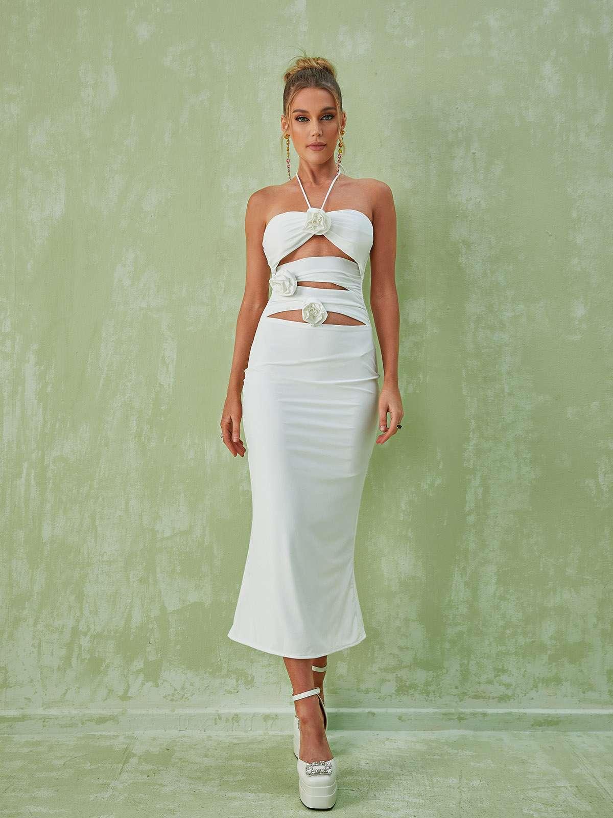 Halter Neck Rosette Applique Cutout Bodycon Midi Dress