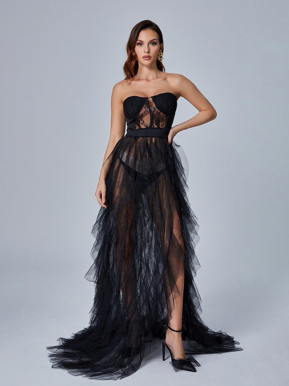 Strapless Lace Corset Ruffled Tulle High Slit A-Line Maxi Gown