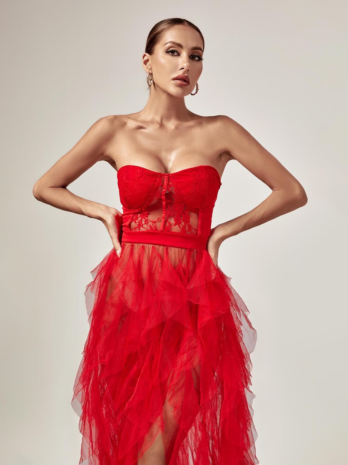 Strapless Lace Corset Tiered Tulle High Slit Maxi Gown