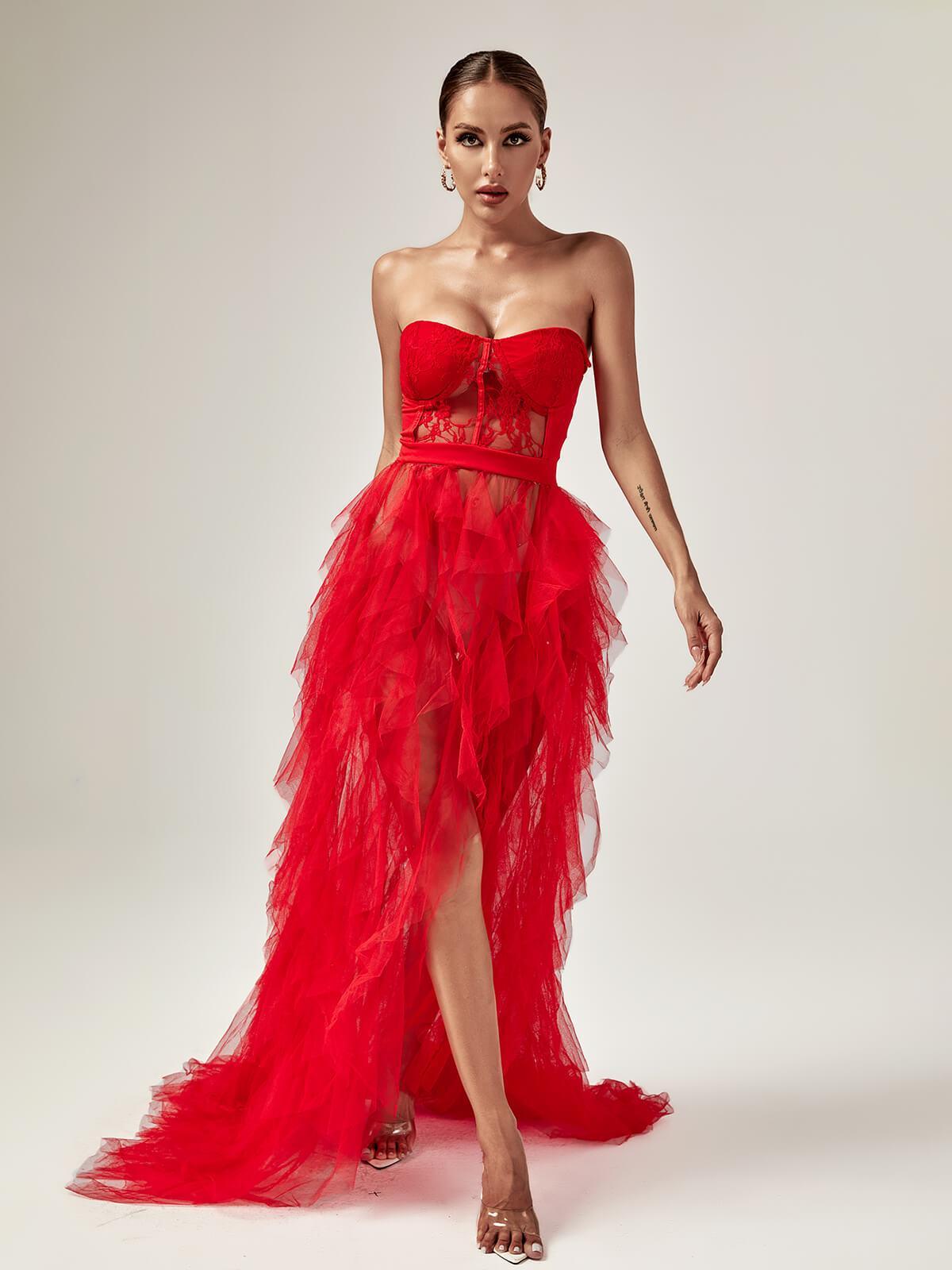 Strapless Lace Corset Tiered Tulle High Slit Maxi Gown