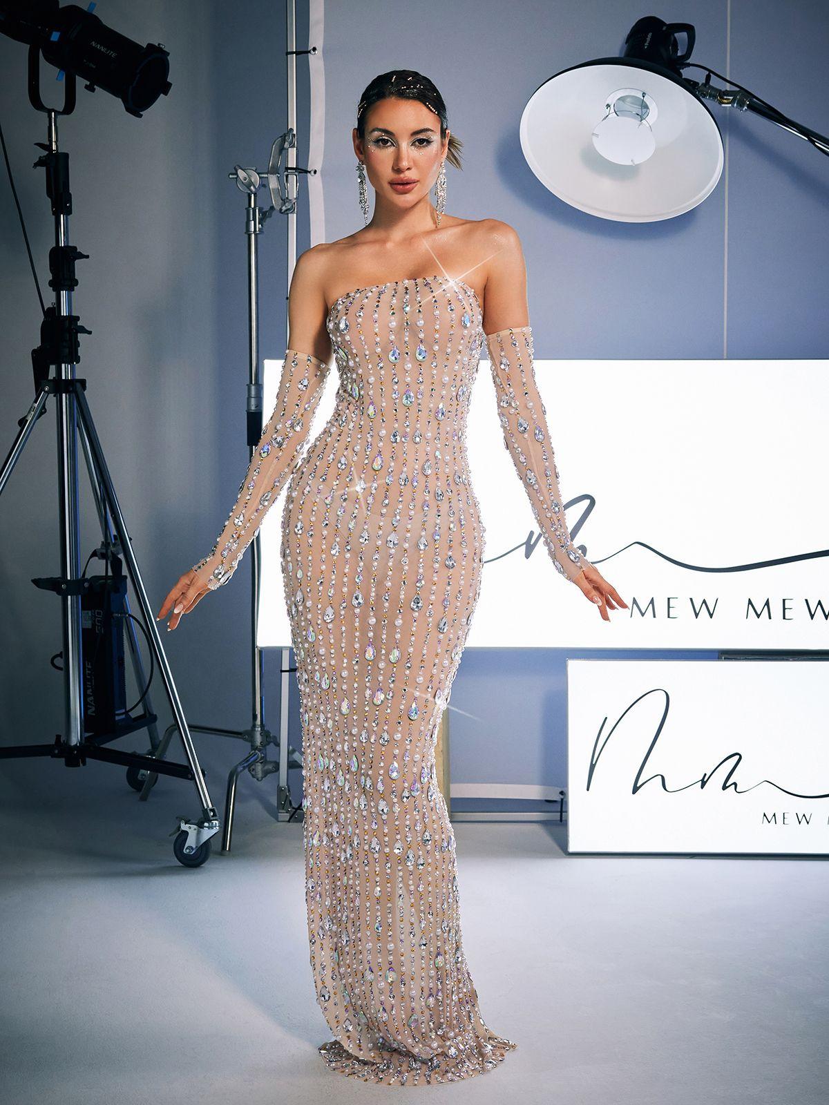 Strapless Rhinestone Maxi Dress With Gloves