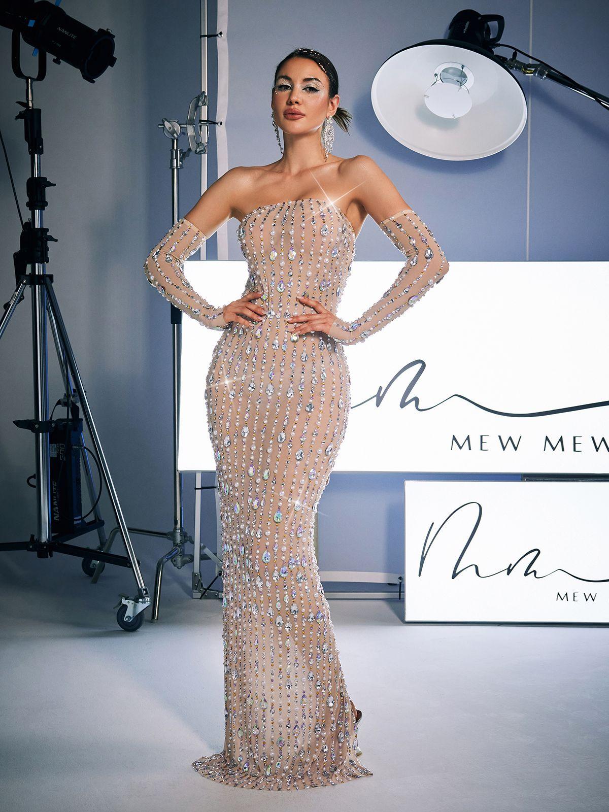 Strapless Rhinestone Maxi Dress With Gloves