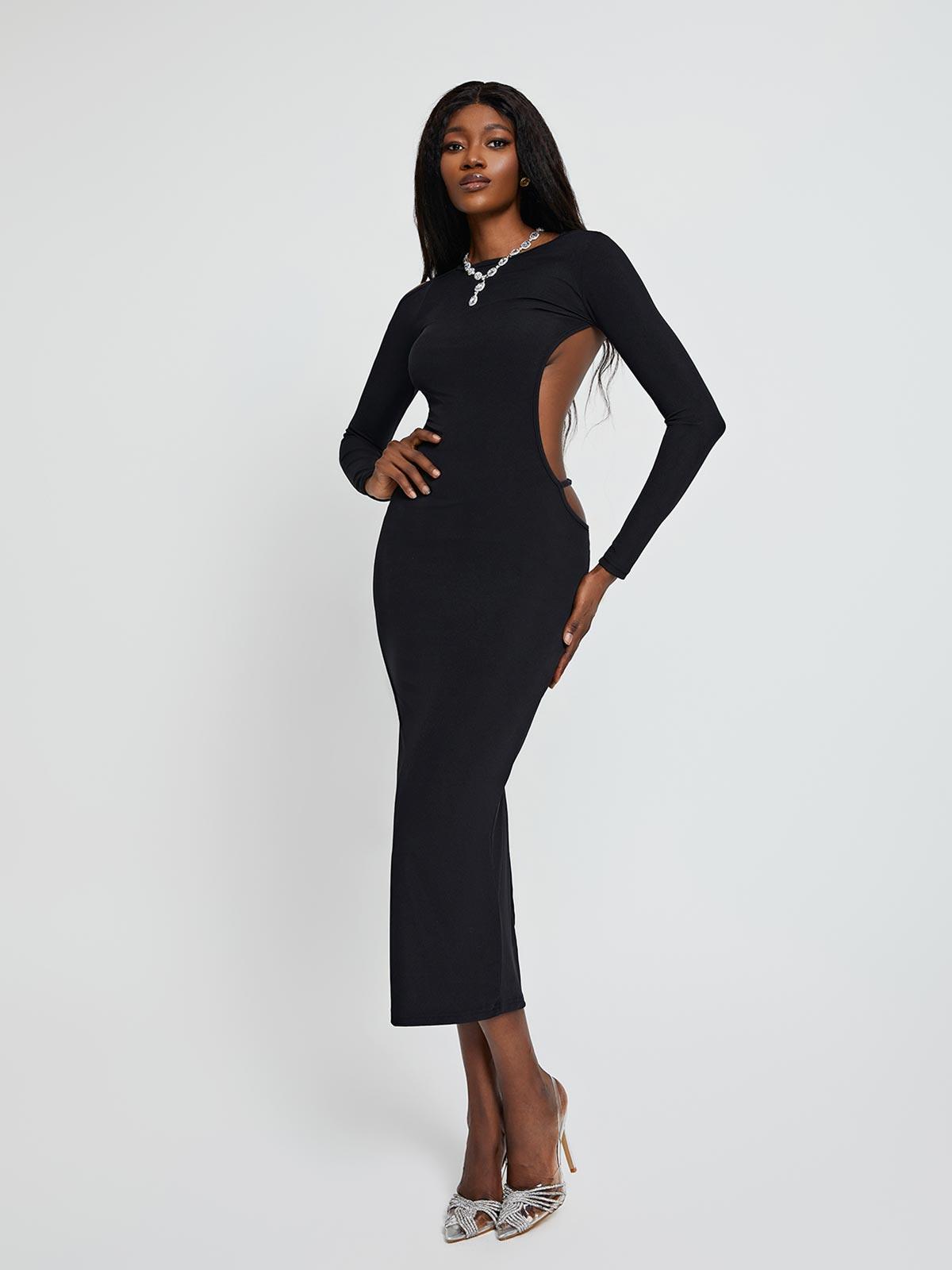 Long Sleeve Backless Cutout Rib Knit High Slit Midi Dress