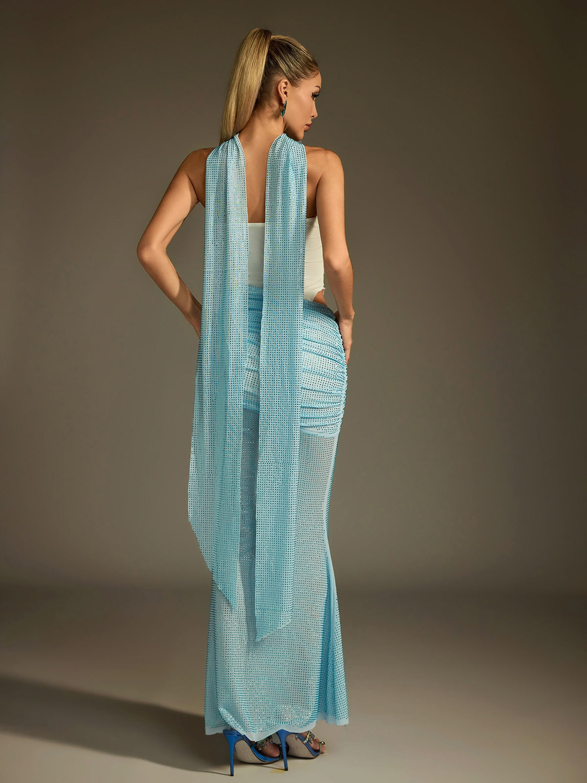 Rhinestone Scarf Mesh Maxi Dress