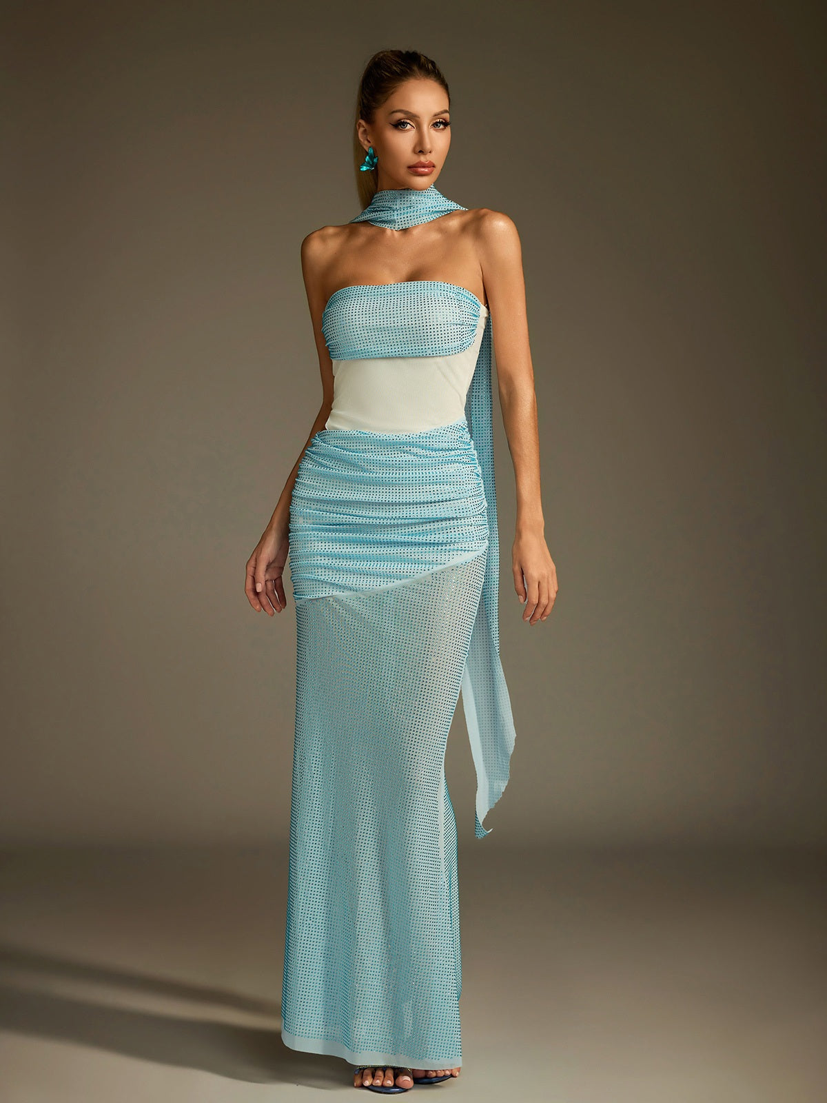 Rhinestone Scarf Mesh Maxi Dress