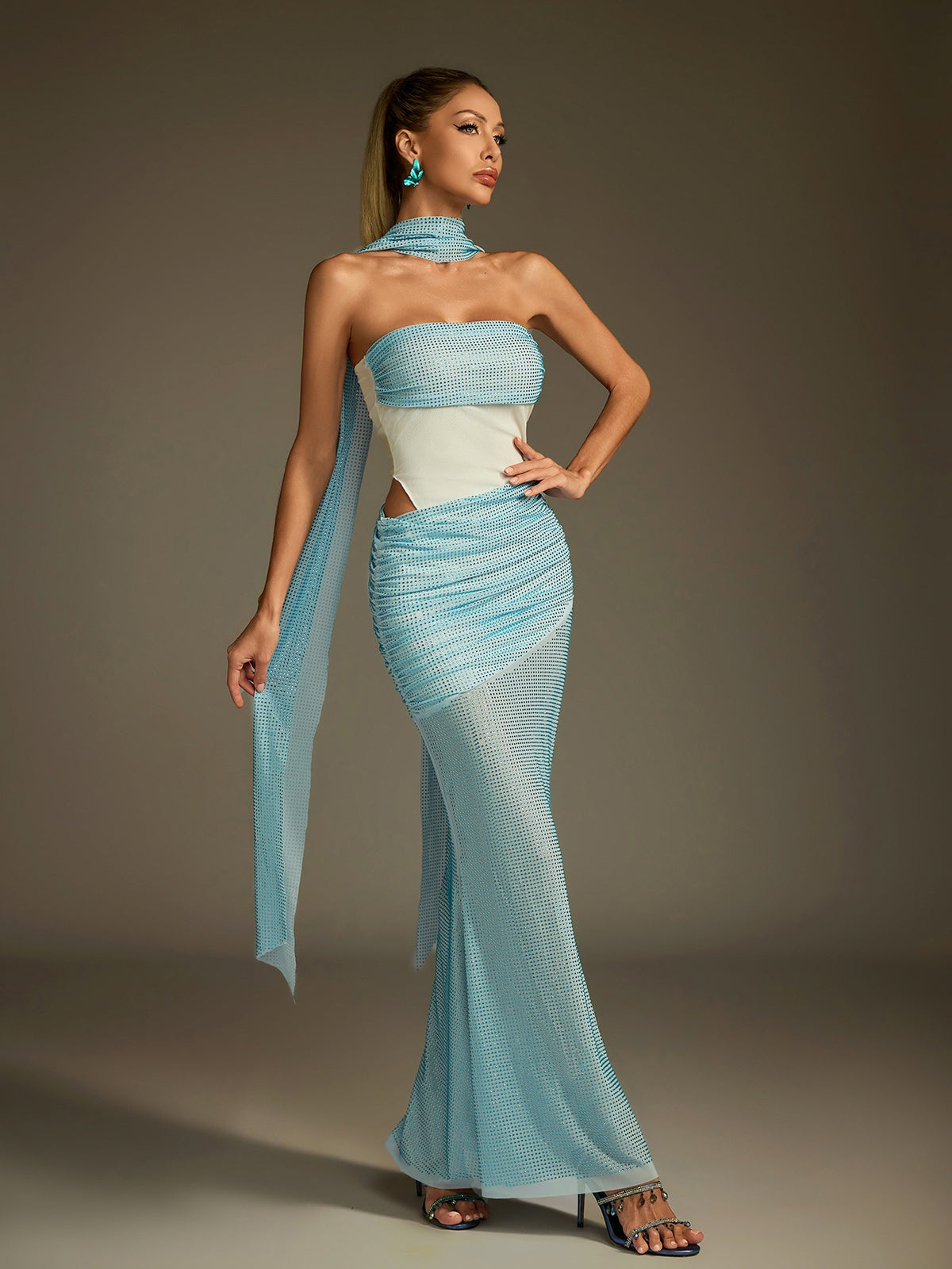 Rhinestone Scarf Mesh Maxi Dress