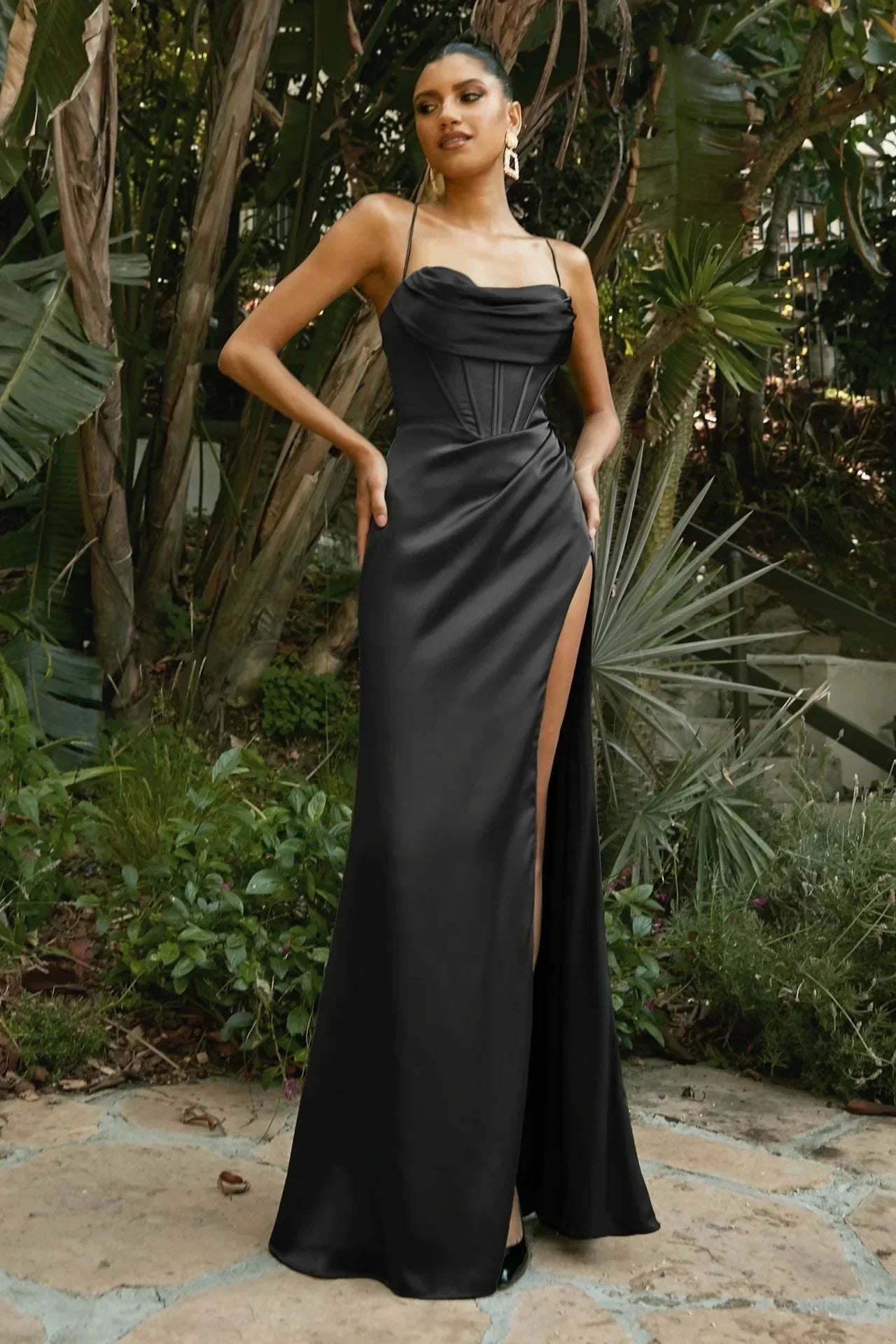 Elegant Satin Cowl Front Lace Up Corset Red Party Dress