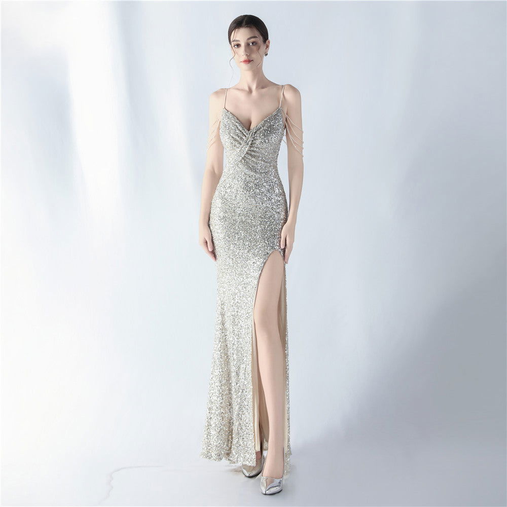 Dress Encryption Sequin Craft Beaded Sling High Fork Evening Dress