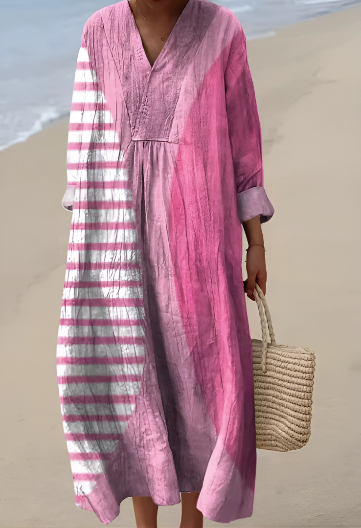 V-Neck Tie-Dye Stripe Colorblock Long Sleeve Pleated Maxi Dress
