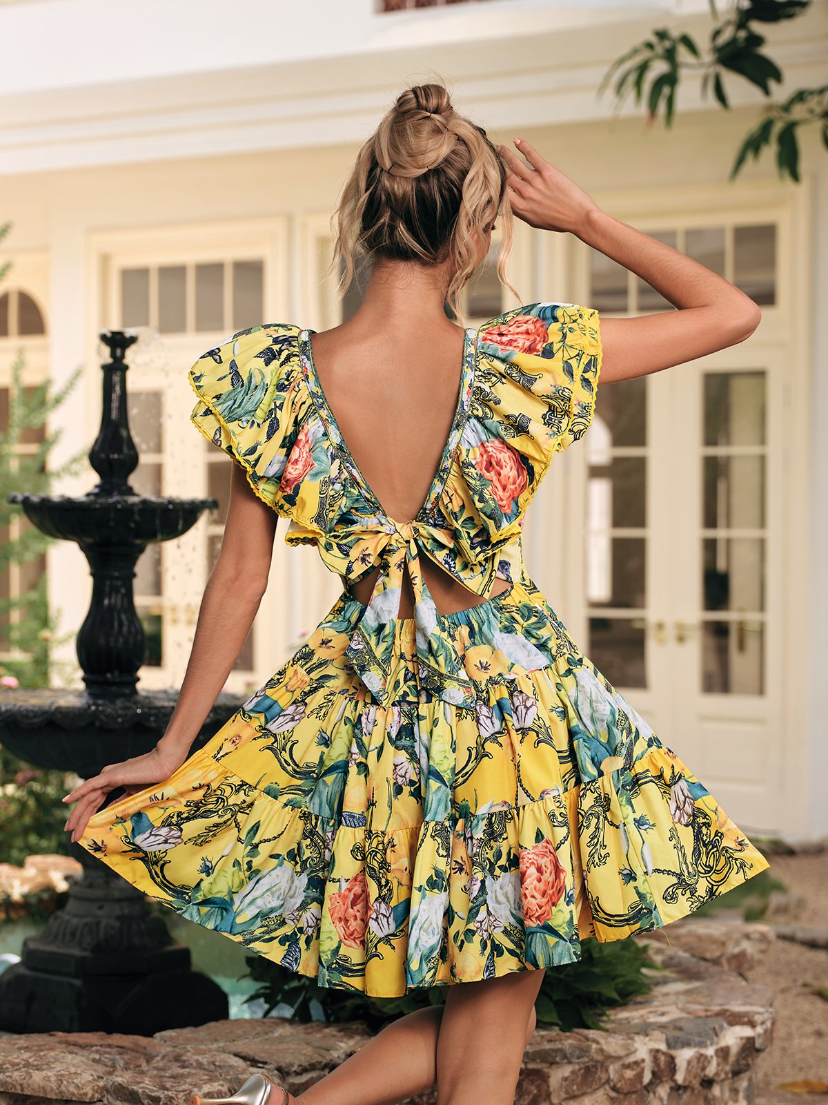 V Neck Ruffle Printed Mini Dress