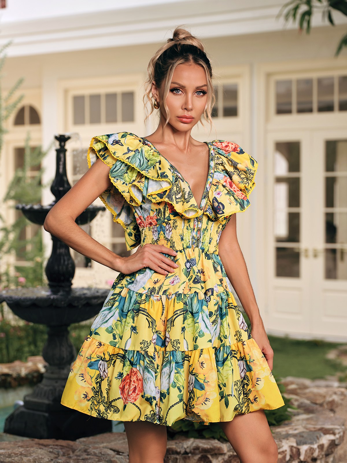 V Neck Ruffle Printed Mini Dress