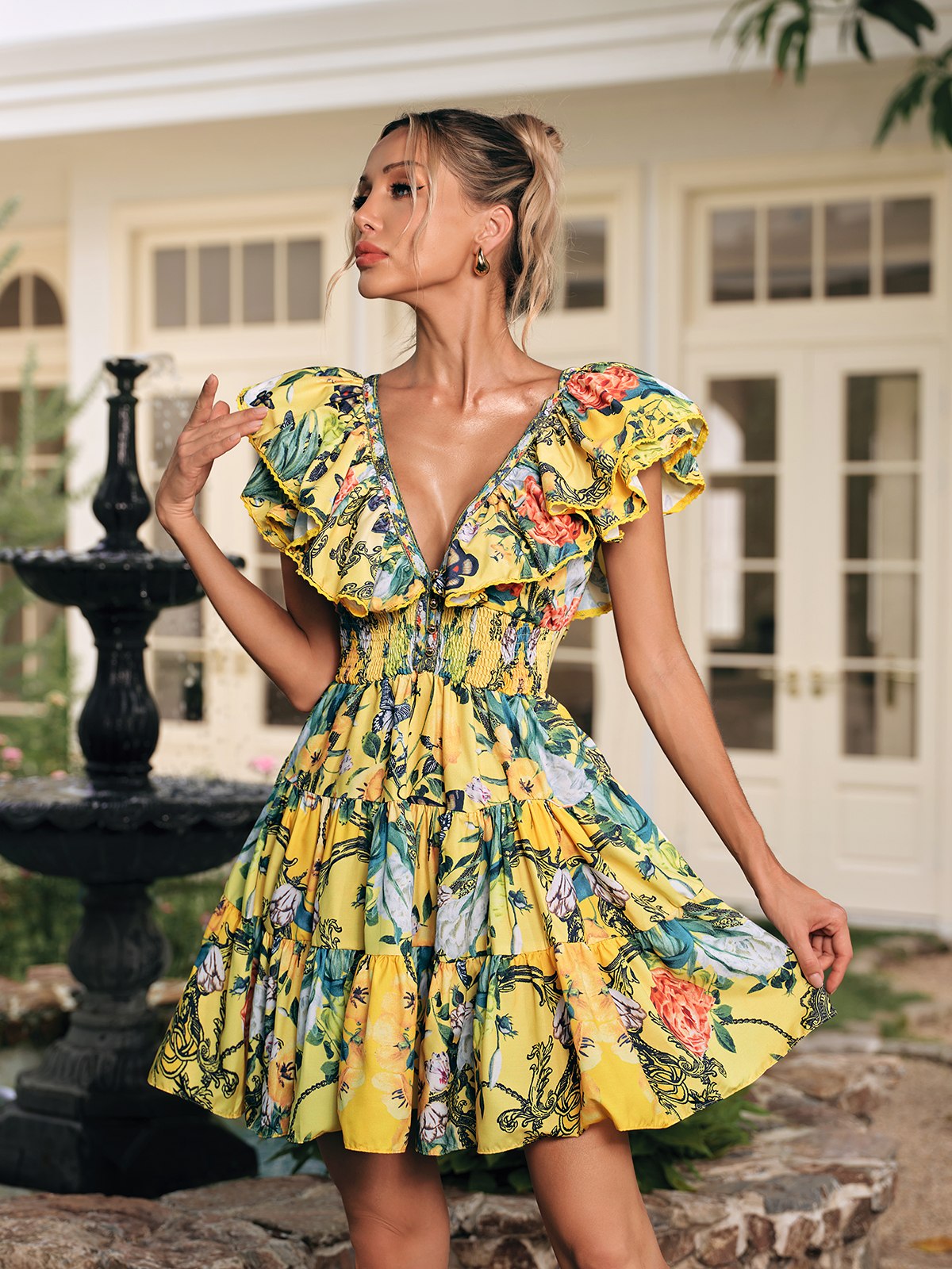 V Neck Ruffle Printed Mini Dress