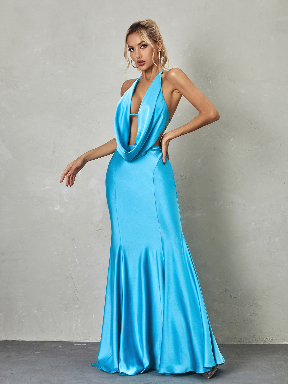 Halter Draped Cowl Neck Backless Satin Mermaid Maxi Gown