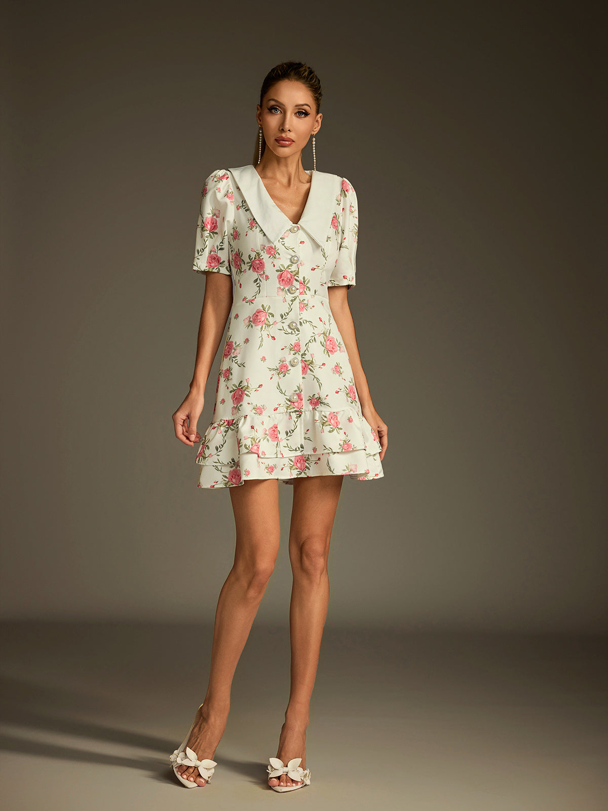V Neck Lace Up Floral Dress In White