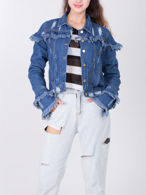 Blue Collared Distressed Frayed Trim Button Front Cropped Denim Jacket