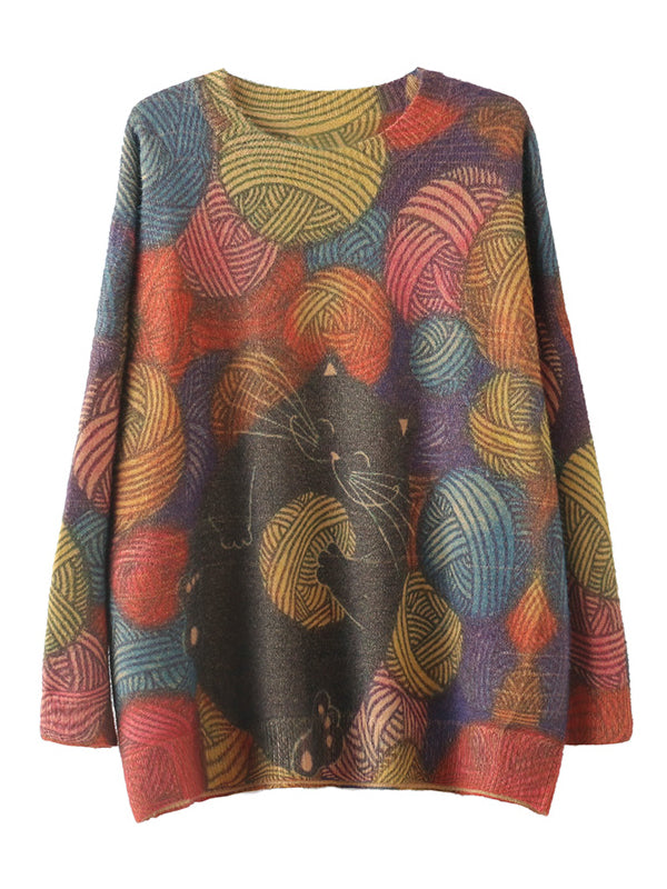 Multi Color Round Neck Cat Yarn Ball Print Knit Sweater