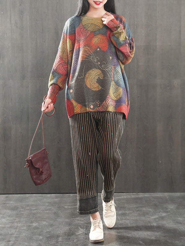 Multi Color Round Neck Cat Yarn Ball Print Knit Sweater