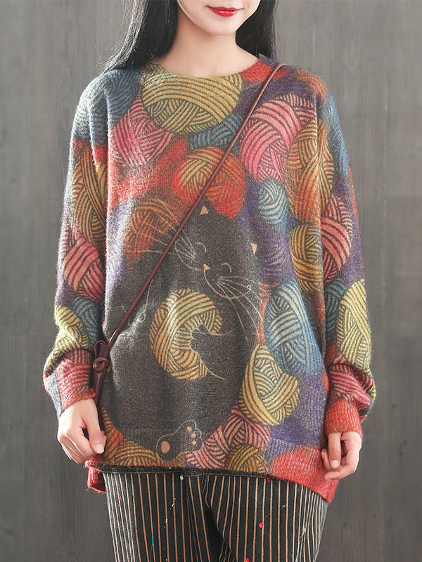 Multi Color Round Neck Cat Yarn Ball Print Knit Sweater