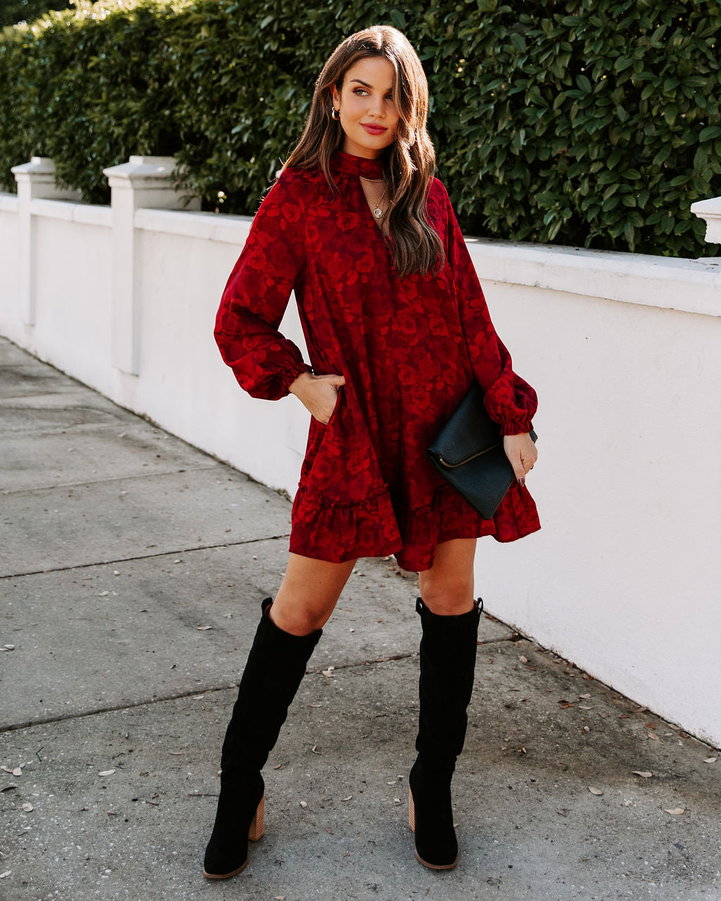 Mazy Pocketed Floral Keyhole Dress Wine