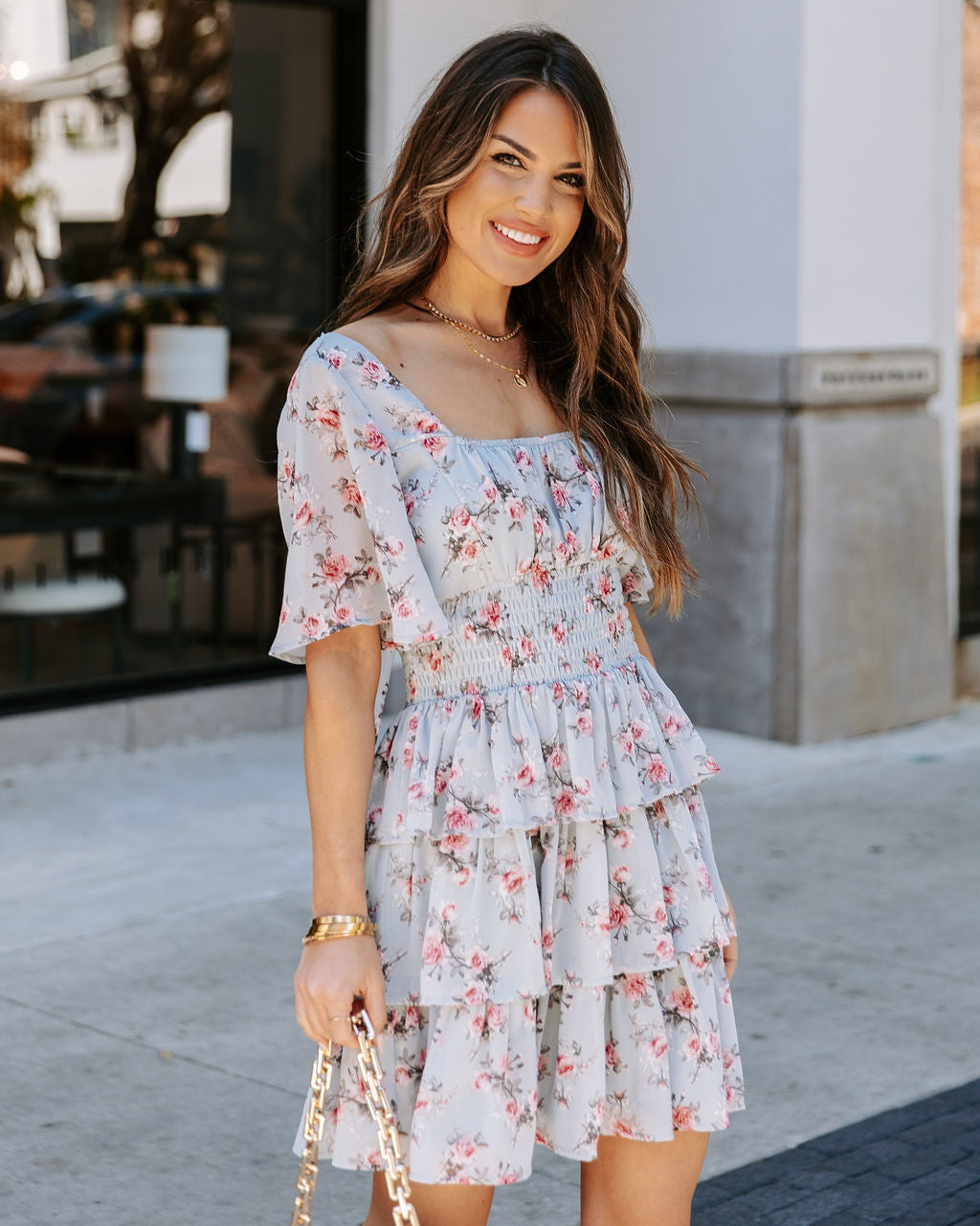 Brianna Floral Ruffle Tiered Dress Light Blue