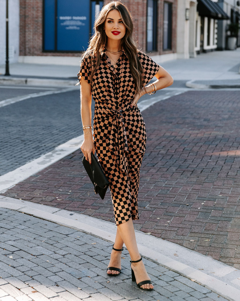 Checkmate Printed Tie Front Midi Shirt Dress
