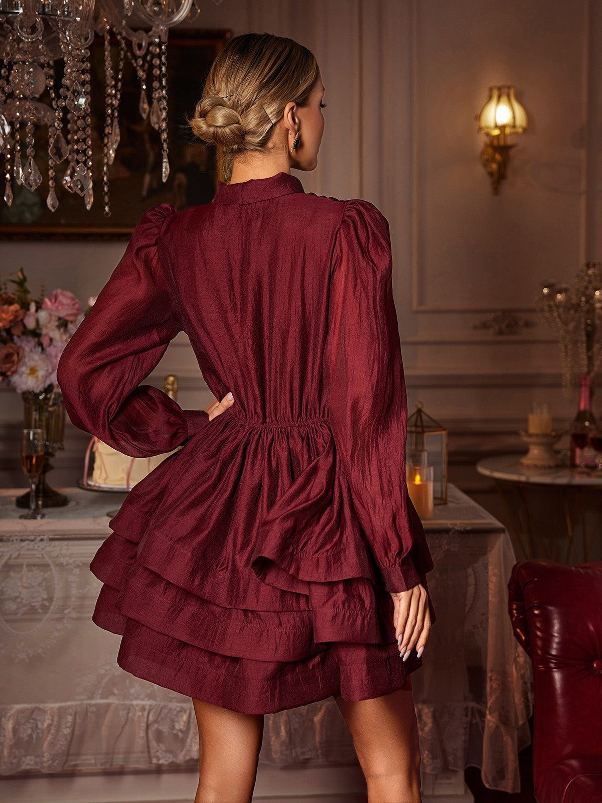 Long Sleeve Bow Ruffle Mini Dress