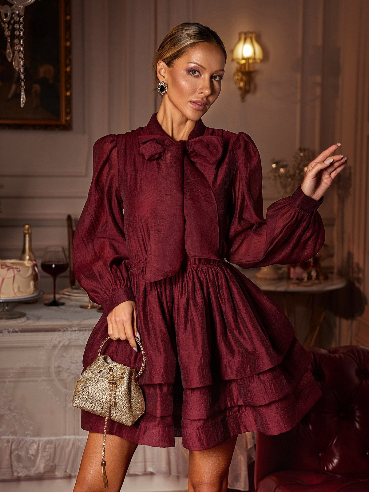 Long Sleeve Bow Ruffle Mini Dress