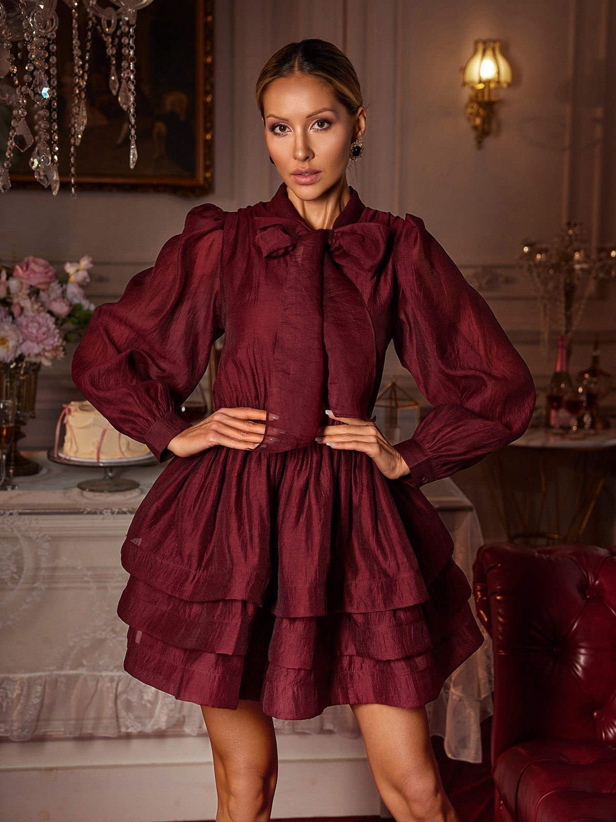 Long Sleeve Bow Ruffle Mini Dress