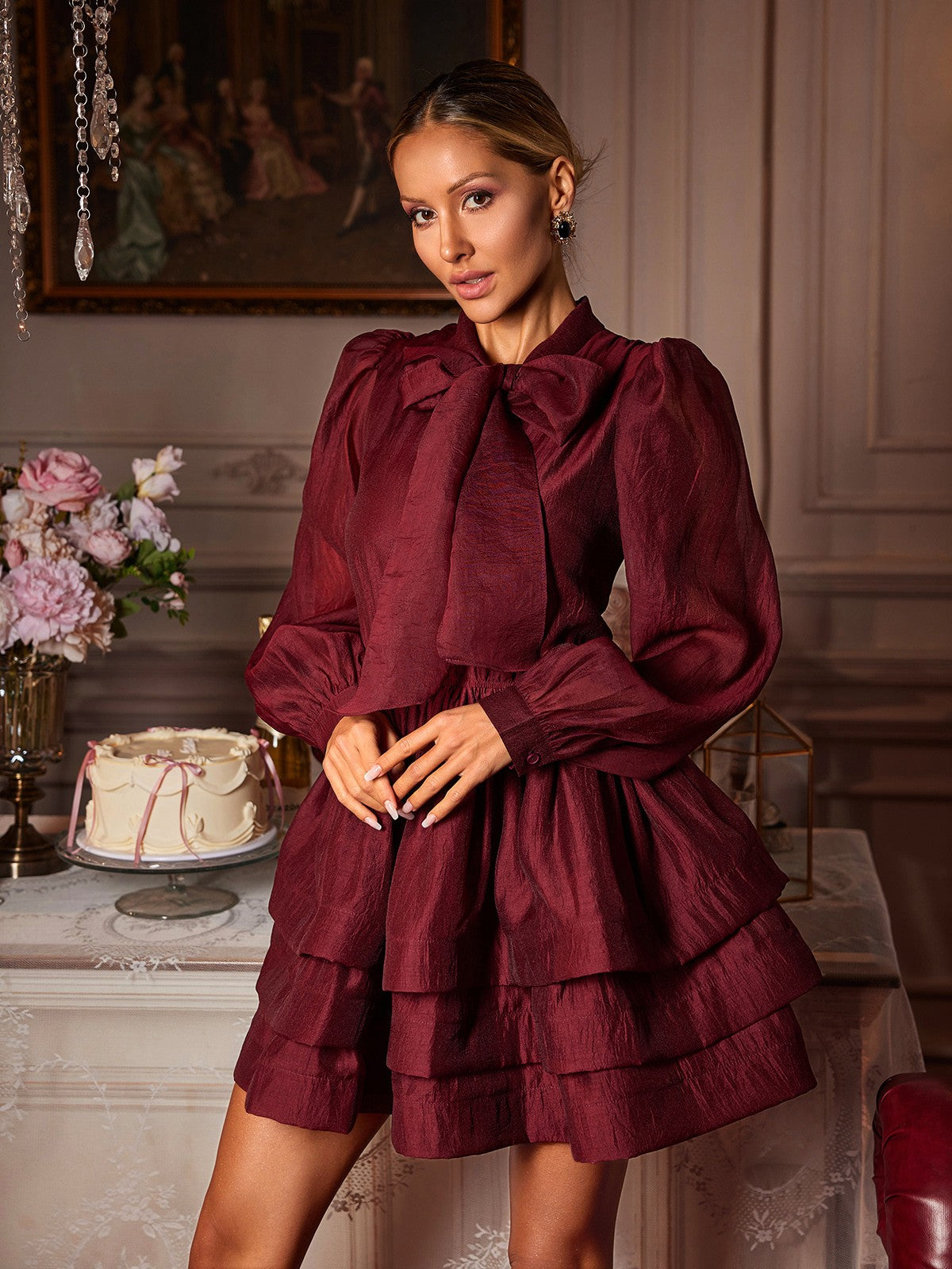 Long Sleeve Bow Ruffle Mini Dress