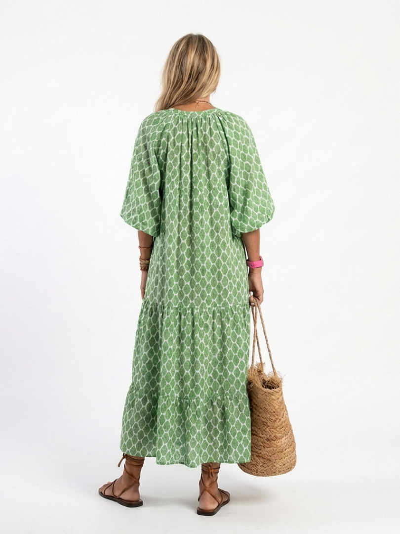 V-Neck Geometric Print Puff Sleeve Tiered A-Line Maxi Dress