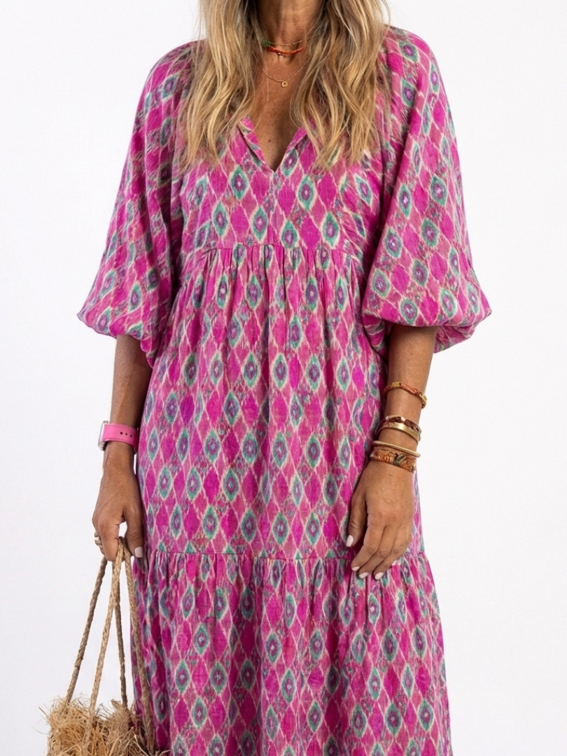 Split Neck Geometric Print Puff Sleeve Tiered Maxi Dress 5
