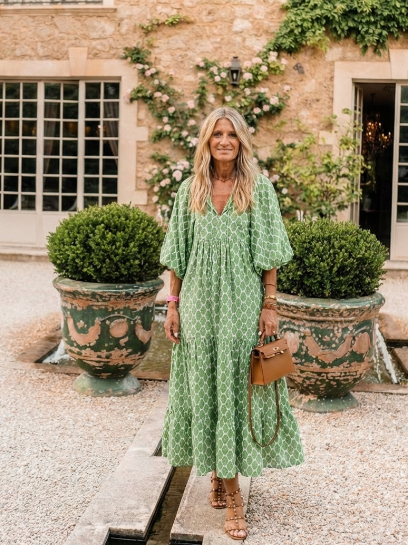 V-Neck Geometric Print Puff Sleeve Tiered A-Line Maxi Dress
