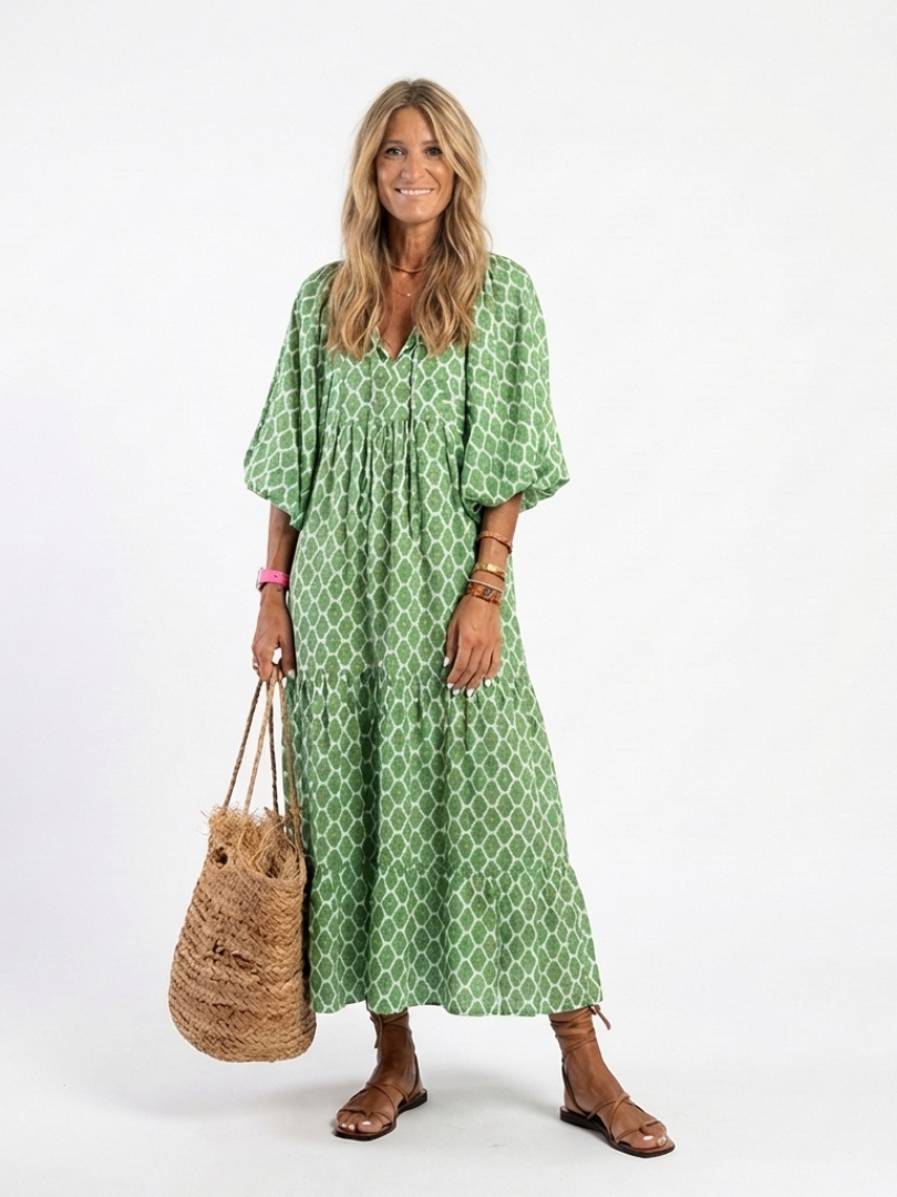 V-Neck Geometric Print Puff Sleeve Tiered A-Line Maxi Dress