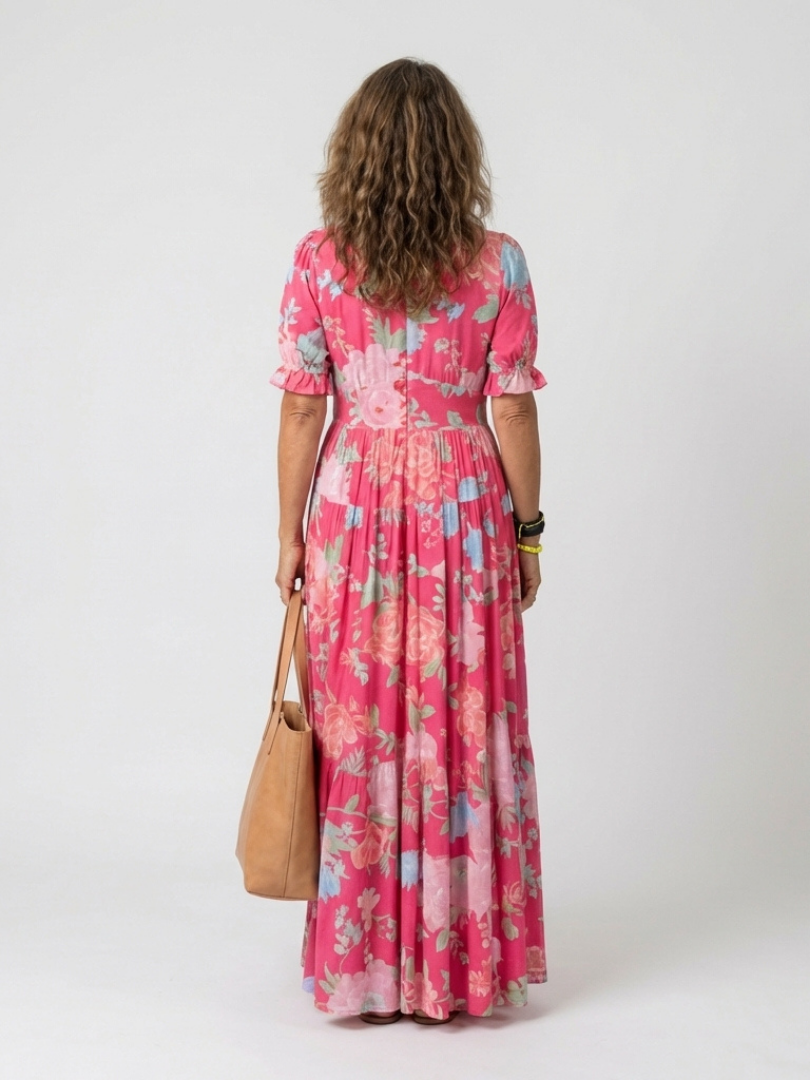 V-Neck Floral Ruffle Sleeve Empire Waist Tiered Maxi Dress