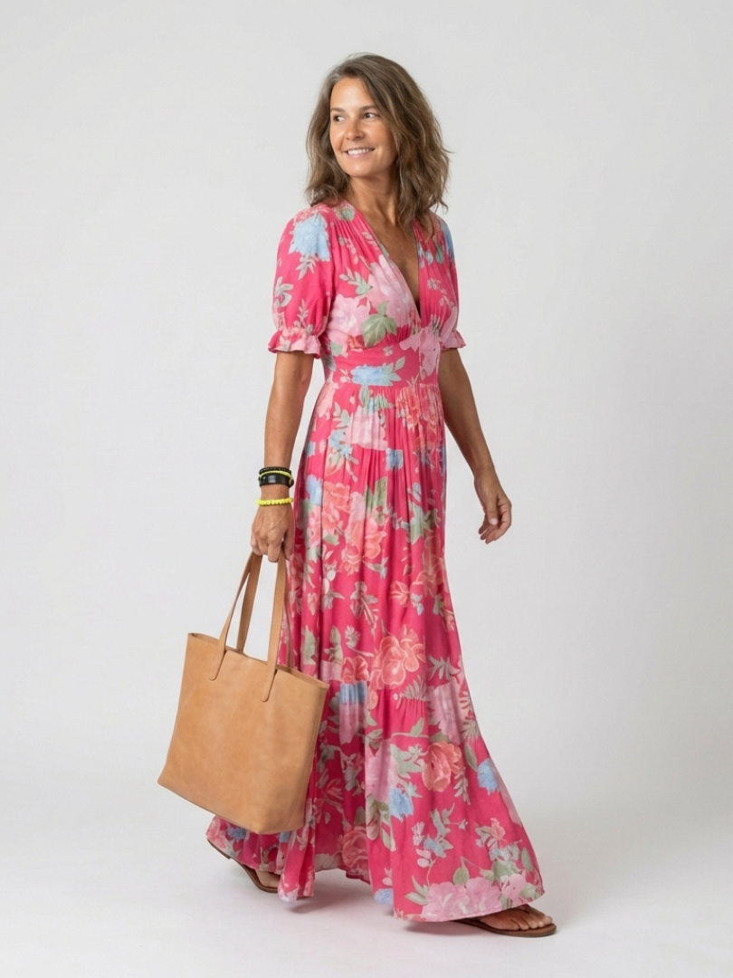 V-Neck Floral Flutter Sleeve Empire Waist Tiered Maxi Dress 2