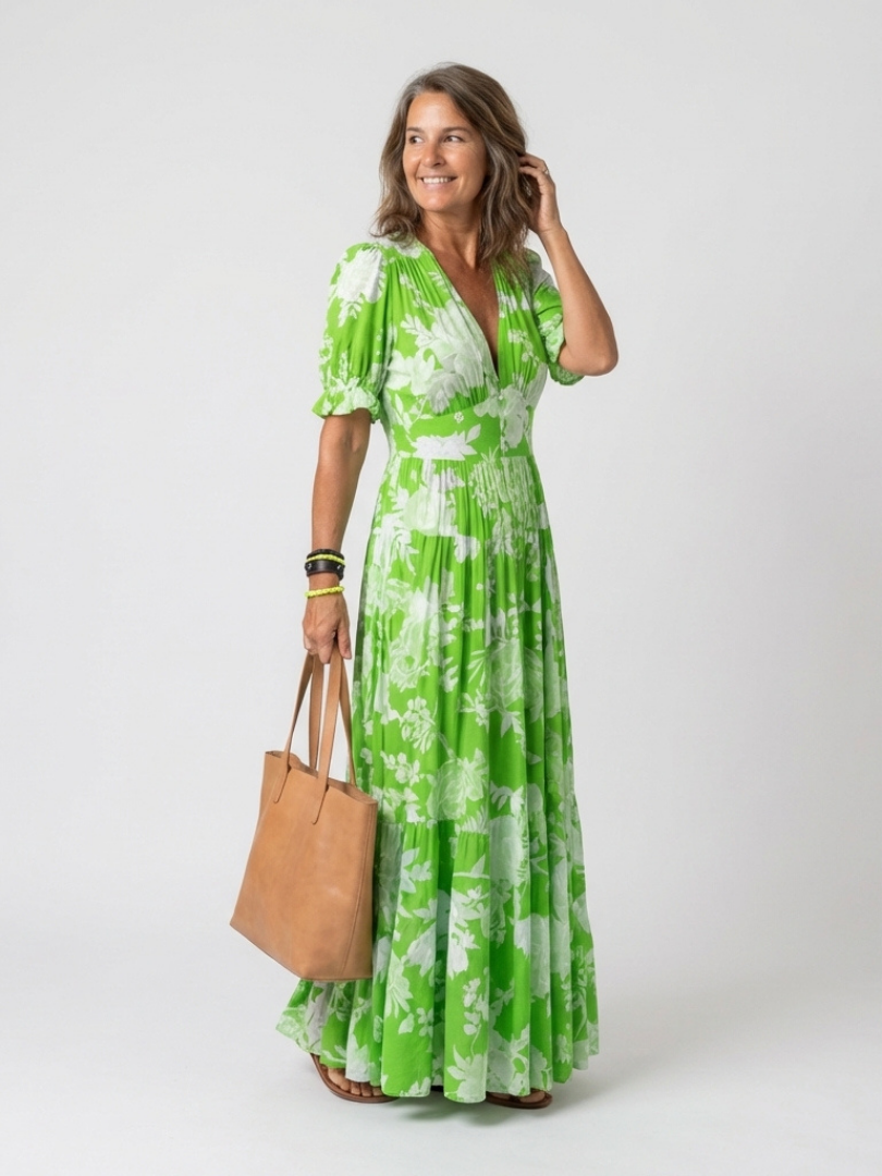 V-Neck Floral Flutter Sleeve Empire Waist Tiered Maxi Dress 5