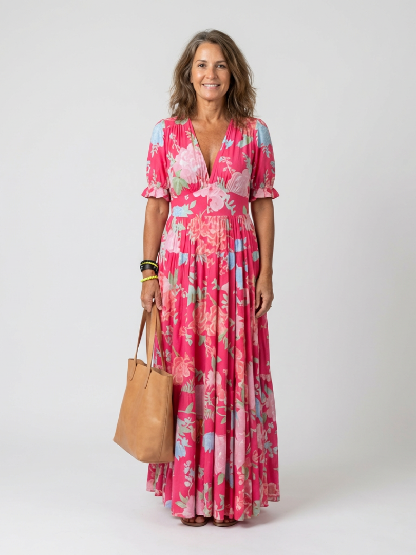 Deep V-Neck Puff Sleeve Floral Print Tiered A-Line Maxi Dress