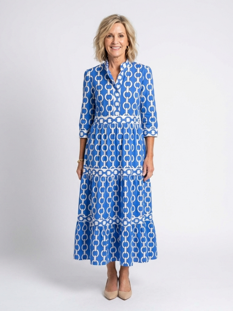 Band Collar Chain Print Three Quarter Sleeve Tiered Maxi Dress