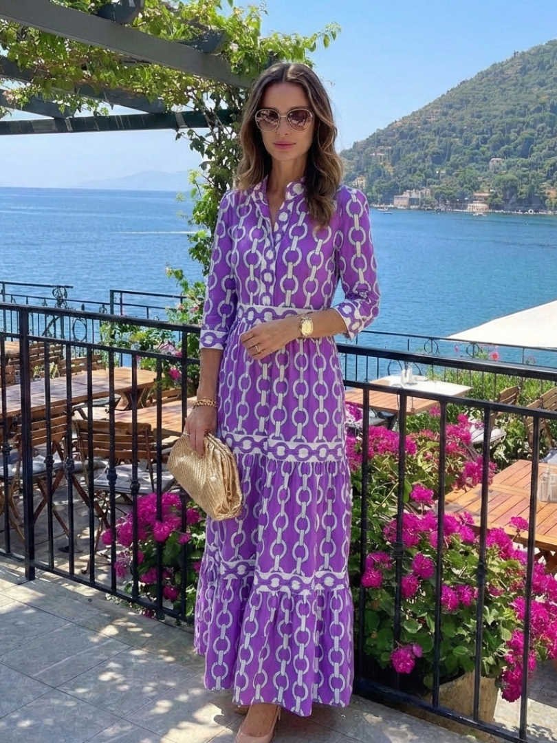 Band Collar Chain Print Three Quarter Sleeve Tiered Maxi Dress