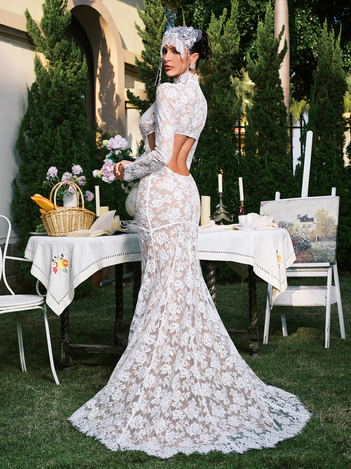 Long Sleeve Flower Cutout Lace Maxi Dress